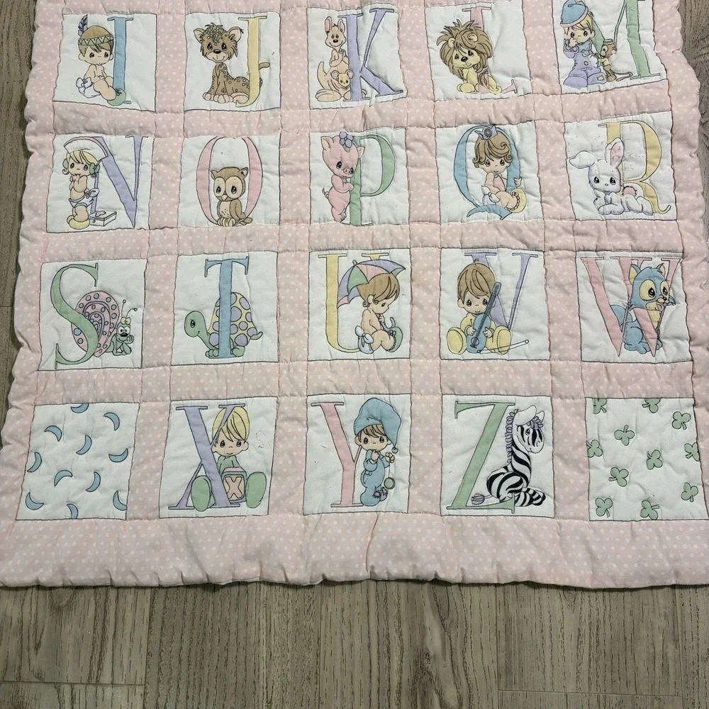 Vintage Precious Moments Alphabet ABC PinkCrib Blanket Quilt Homemade 41